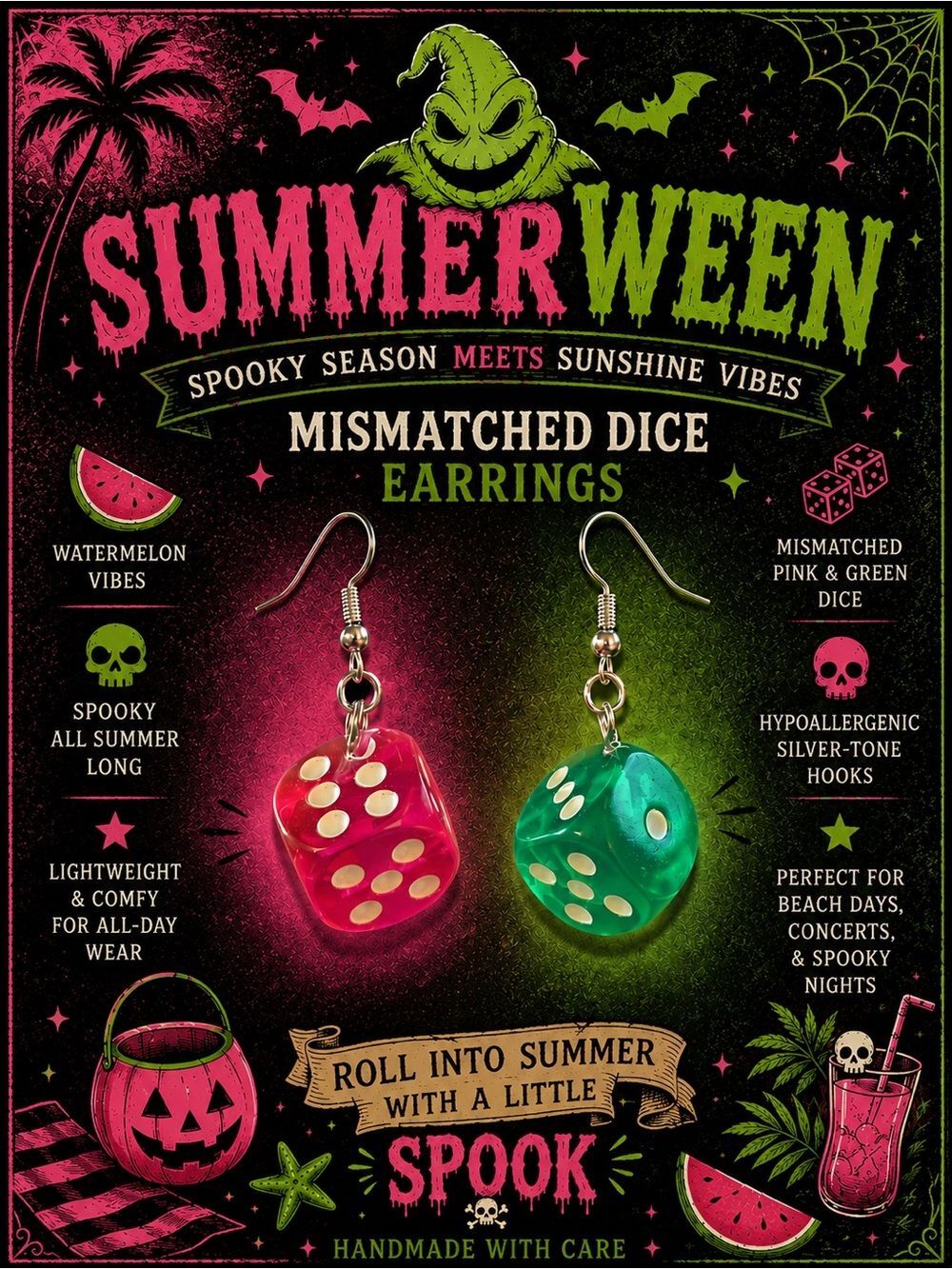 Handmade Mismatched Pink and Green Dice Earrings Y2K Gamer Kawaii Casino Core - Picture 1 of 3